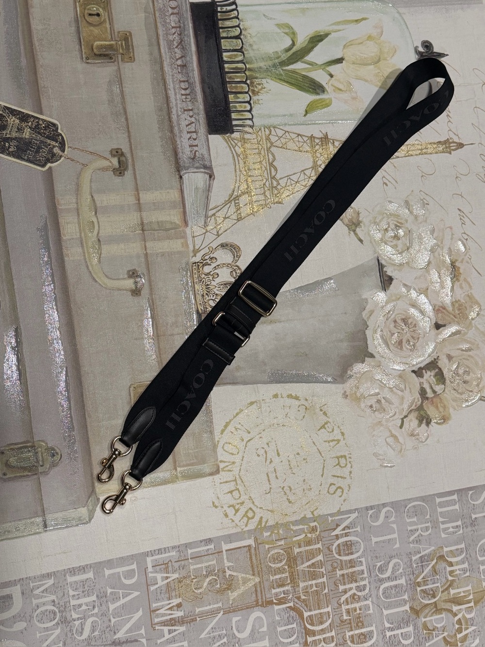 Coach Black Adjustable Logo Strap with Gold Hardware